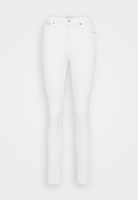 Vaqueros blancos ajustados con cintura alta, cinco bolsillos y detalles de costura sutiles. Textura suave y silueta ceñida en toda su extensión.