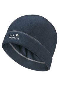 Fleece beanie in donkerblauw met lichtgrijze stiksels en een wit logo. Ontworpen voor warmte, met een gladde textuur en een aansluitende pasvorm.