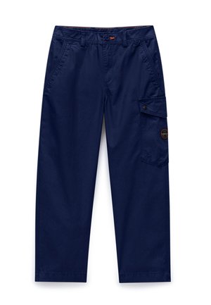 Navy blue cargo pants with side pocket flap, front slant pockets, button closure, and straight leg design.