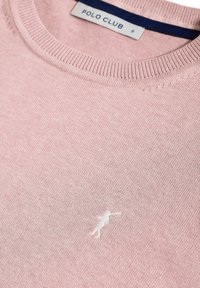 Pull en maille rose clair avec col côtelé et petit logo brodé d'un joueur de polo blanc sur la poitrine, étiquette taille petite à l'intérieur du col.