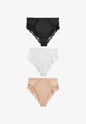 Drei Paare Damenunterhosen: schwarze Spitze mit floralem Muster, weiße Spitze und nude-farbene Unterwäsche mit strukturierten Akzenten. Alle sind mit Spitzenbesatz versehen.