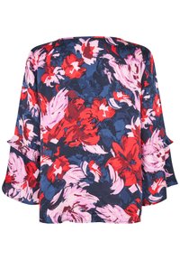 Blusentop mit langen Ärmeln in floralen Mustern auf dunkelblauem Hintergrund und auffälligen roten und pinken Blumen; hat weite Ärmel und eine lockere Passform. Strukturiertes Material.