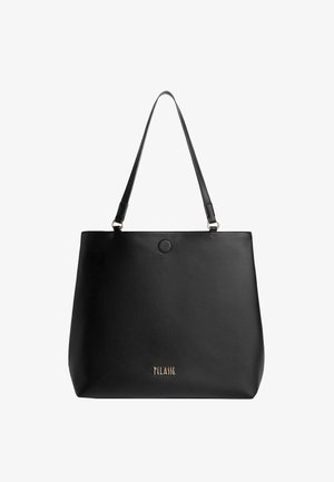 Borsa a spalla nera in pelle con una texture liscia, due manici e un dettaglio circolare nella parte superiore. Logo dorato nella parte anteriore in basso.