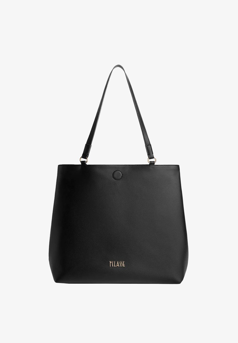 Borsa a spalla nera in pelle con una texture liscia, due manici e un dettaglio circolare nella parte superiore. Logo dorato nella parte anteriore in basso.