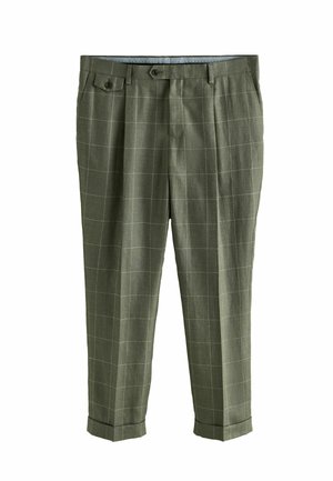 Olivgrüne Herrenhosen mit weißem Fenstergittermuster, aufgeschlagenen Säumen, geknöpfter Gesäßtasche und vorderen Falten.