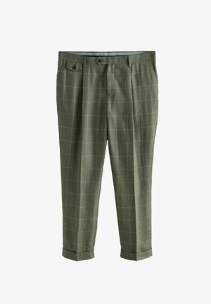 Pantaloni de costum verde măsliniu cu model în carouri albe, tivuri tivite, buzunar posterior cu nasture și pliuri frontale.