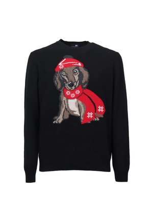 Maglione nero lavorato a maglia con un design di segugio tedesco che indossa un cappello e una sciarpa rossi, accentuato da fiocchi di neve bianchi. Collo tondo regolare.