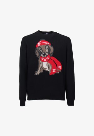 Czarny sweter dzianinowy z wzorem jamnika w czerwonej czapce i szaliku, ozdobiony białymi płatkami śniegu. Regularny okrągły dekolt.