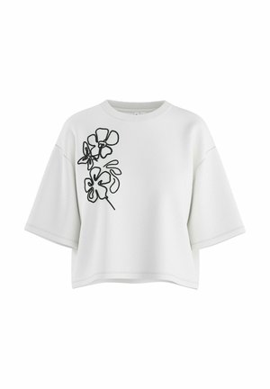 Hvid kortærmet sweatshirt med rund hals og sort abstrakt blomsterlinjekunst på venstre brystområde.