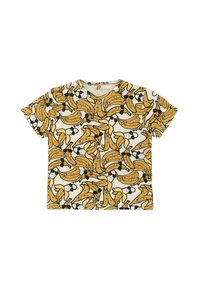 Kortärmad t-shirt i bomull, med ett mönster av gula bananer på en krämfärgad bakgrund, rund hals och avslappnad passform.