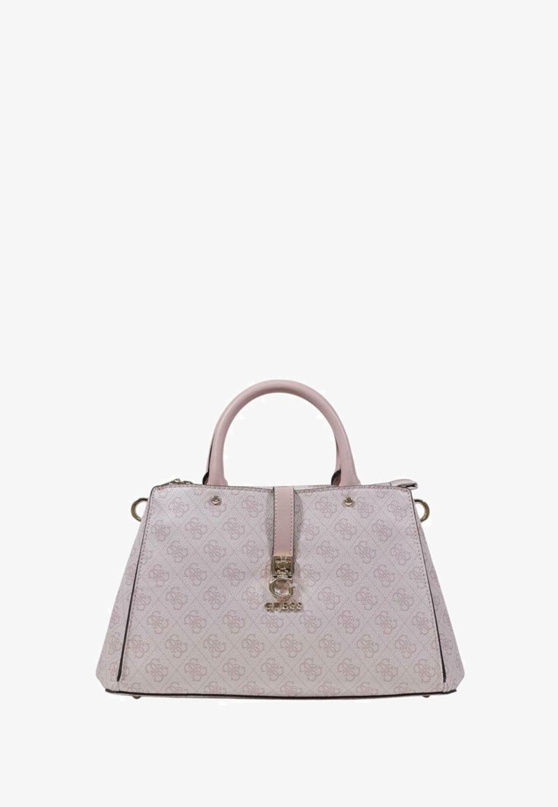 Sac structuré en matériau synthétique rose clair à motifs, doté d'une poignée supérieure, d'accents métalliques et d'une fermeture éclair.
