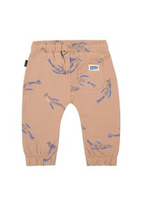 Lichtbruine elastische broek met een blauwe vispatroon, met opgerolde enkels en een achterzak met een logolabel.