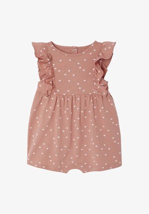 Rosa Baby-Strampler mit weißem Herzmuster, kurzärmlig mit Rüschen, Druckknopfverschluss auf der Rückseite und geraffter Taille.