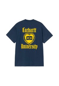 Camiseta de algodón de color azul marino con texto impreso en amarillo: "Carhartt University", con un diseño de escudo y "LA ESCUELA DE GOLPES DUROS."