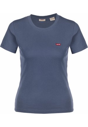 T-shirt bleu ajusté à manches courtes avec col rond et patch logo Levi's rouge sur la poitrine gauche.
