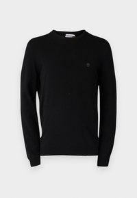 Schwarzer Rundhalspullover aus weichem Material, mit langen Ärmeln und einem dezenten Logo auf der Brust. Einfaches Design, ohne Muster oder Akzente.