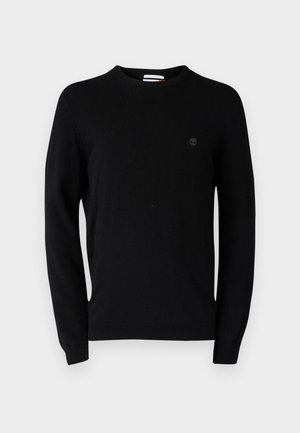 Black crew-neck sweater made of soft fabric, featuring long sleeves and a subtle logo on the chest. Simple design, no patterns or accents.