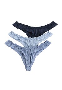 Tre par rynkede trusser i mørk marineblå og lyseblå nuancer, med en blød tekstur og elastiske taljebånd.