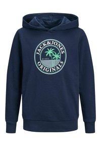 Mörkblå hoodie med en rund grafik av palmer och texten "JACK & JONES ORIGINALS", tillverkad av mjuk bomull med ribbade ärmslut.