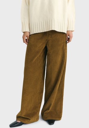 Wide-leg brown corduroy pants worn with black square-toe shoes and an off-white ribbed sweater.