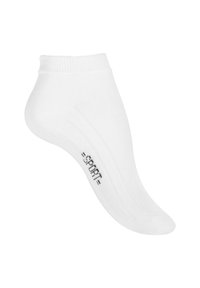 White ankle sock made of soft, stretchy fabric. Features a ribbed cuff and the word "SPORT" printed in black near the sole.