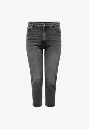 Ciemnoszare dżinsy o zwężanym kroju, pięć kieszeni, zapięcie na guzik i subtelne wyblaknięcia na materiale. ¾ długości u kostek.