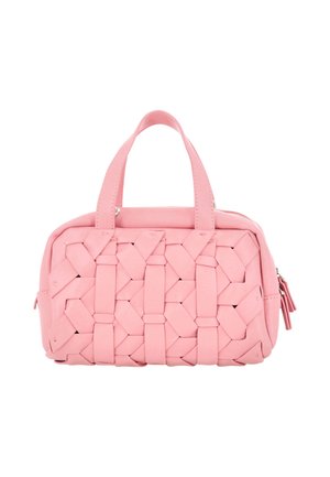 Rózsaszín kézitáska szőtt pánt dizájnnal, két rövid fogantyúval, cipzáras záródással és bojt díszítéssel az oldalon.