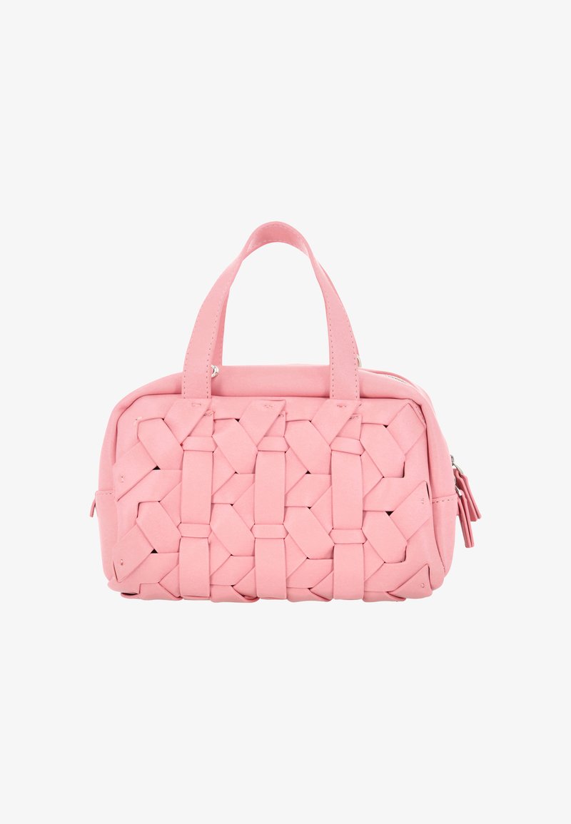 Geantă roz cu design de curea împletită, două mânere scurte, închidere cu fermoar și detaliu cu ciucure pe lateral.