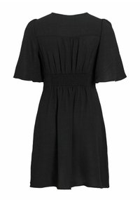 Robe noire à manches courtes avec un détail froncé à la taille et une jupe ample légèrement évasée, vue de dos sur fond blanc.