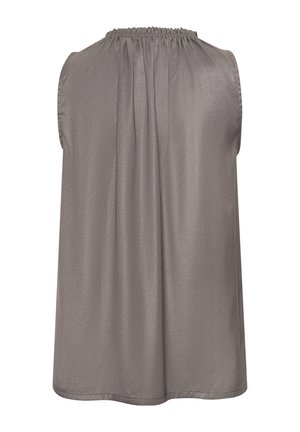 Ärmellose graue Satinbluse mit gerafftem Ausschnitt und lockerem Sitz, von hinten gezeigt.