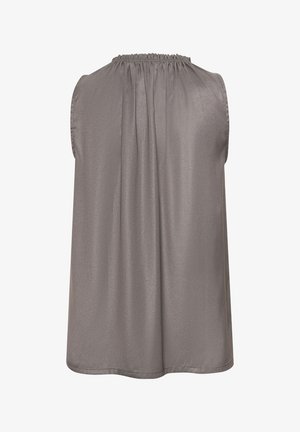 Sleeveless gray satin blouse with gathered neckline and loose fit, shown from the back.