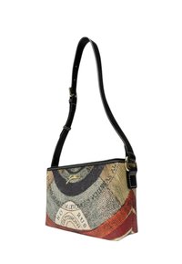 Borsa a spalla con esterno in tessuto caratterizzato da un design stampato colorato, tracolla in pelle nera, chiusura con zip e dettagli in ottone dorato.