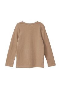 T-shirt met lange mouwen en ronde hals, gemaakt van beige katoenstof. Gladde textuur met een eenvoudig ontwerp. Geen zichtbare afbeeldingen of patronen.