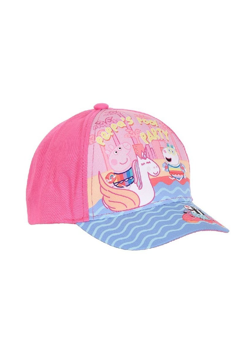 Pink baseball cap with a multicolored printed front featuring cartoon characters on a beach, with a blue wave pattern on the visor.
