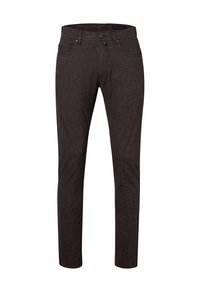 Pantalons texturés marron avec une coupe slim, dotés de cinq poches, d'une fermeture à bouton et de détails de couture subtils.