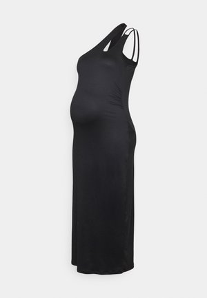Abito da maternità nero con design a spalla unica, forma aderente e arricciatura laterale. Realizzato in tessuto morbido e elasticizzato, garantendo comfort e vestibilità.