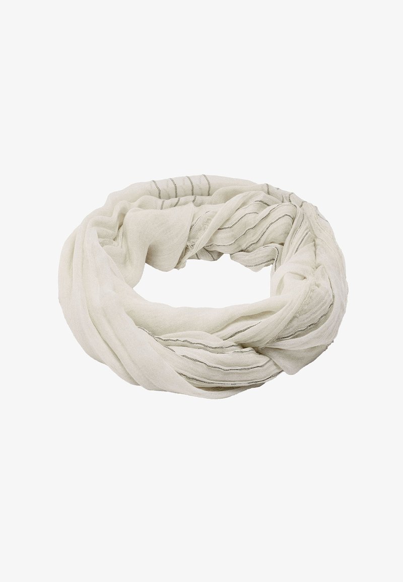 Lekki, kości słoniowej szalik z miękkiego, teksturowanego materiału, z delikatnymi szarymi paskami i okrągłym wzorem.