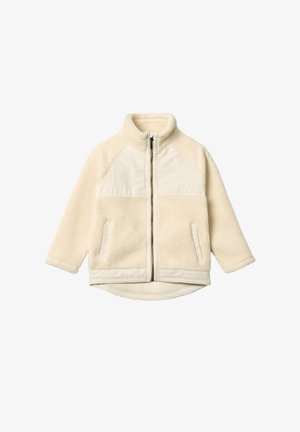 Bež fliisjakker, millel on tõmblukk ees, kõrge krae, pikad varrukad, kaks küljetaskut ja kangast paneelide aktsendid rinnal ja hemil.