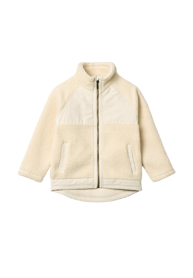 Giacca in pile beige con zip frontale, colletto alto, maniche lunghe, due tasche laterali e pannelli in tessuto accenti sul petto e sull'orlo.