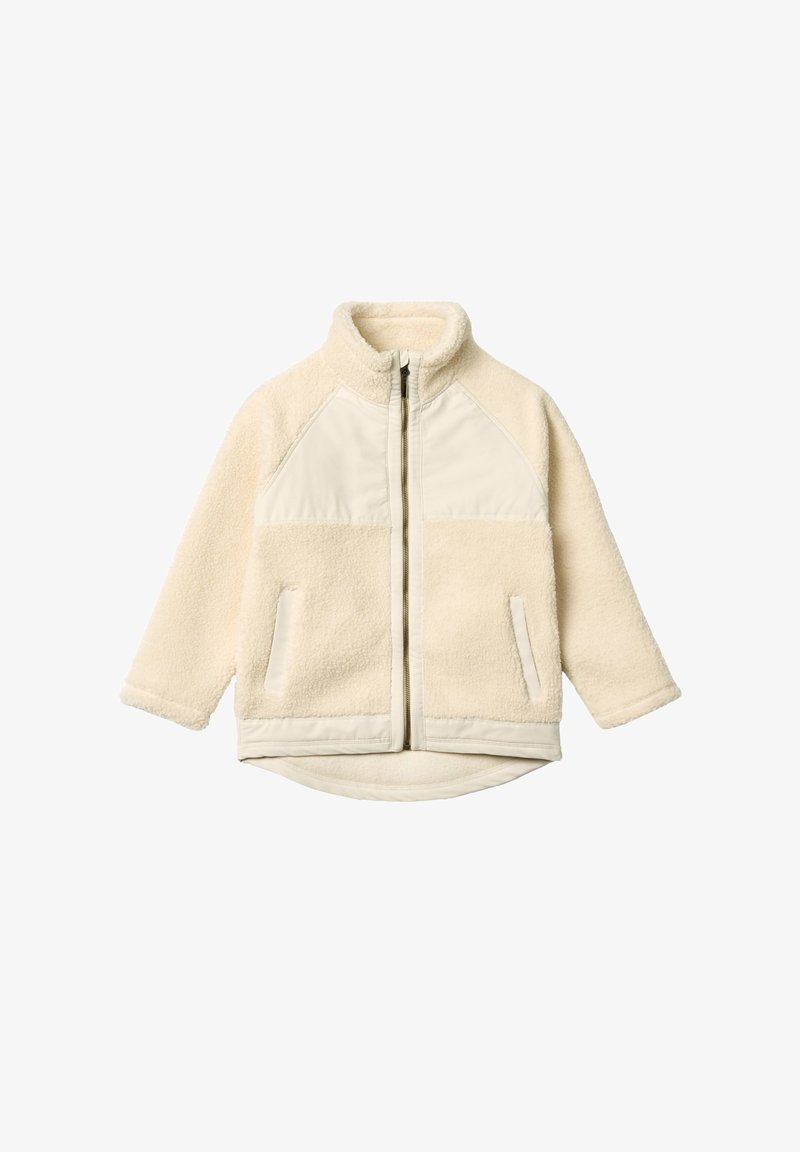 Giacca in pile beige con zip frontale, colletto alto, maniche lunghe, due tasche laterali e pannelli in tessuto accenti sul petto e sull'orlo.