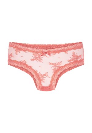 Pink lace women's hipster underwear with floral patterns and a small bow accent at the center front waistband.