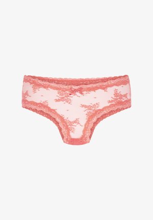 Rosa Spitzen-Hipster-Unterwäsche für Damen mit Blumenmustern und einer kleinen Schleifenapplikation in der Mitte des vorderen Bunds.