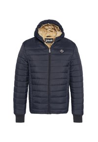 Marineblauwe gewatteerde hoodie met ritssluiting aan de voorkant, beige bontvoering, ribgebreide manchetten en Schott-logo op de borst en binnenkraag.