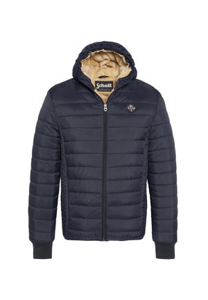 Marineblauwe gewatteerde hoodie met ritssluiting aan de voorkant, beige bontvoering, ribgebreide manchetten en Schott-logo op de borst en binnenkraag.
