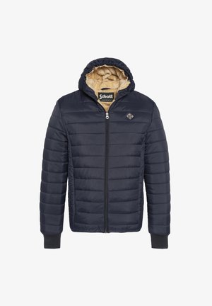 Marineblå quiltet hættejakke med frontlynlås, beige pelsfor, ribbede manchetter og Schott-logo på brystet og indersiden af kraven.