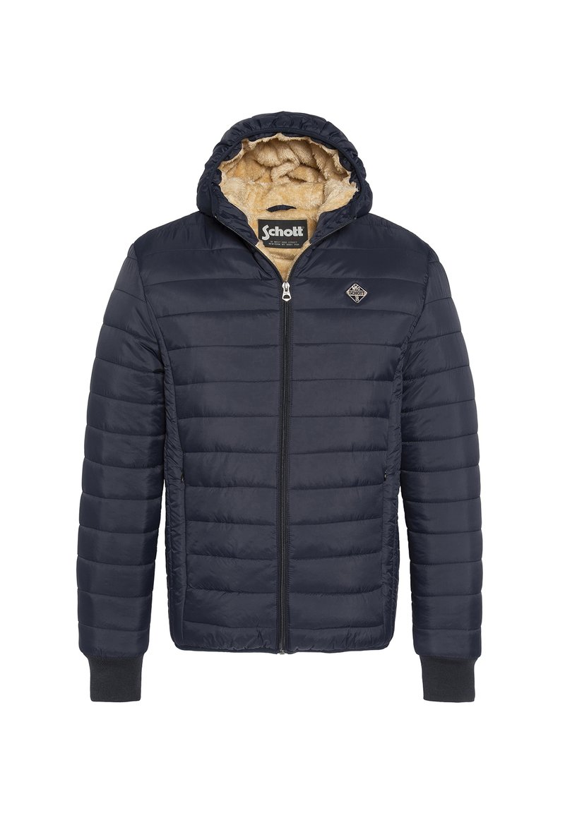Marineblauwe gewatteerde hoodie met ritssluiting aan de voorkant, beige bontvoering, ribgebreide manchetten en Schott-logo op de borst en binnenkraag.