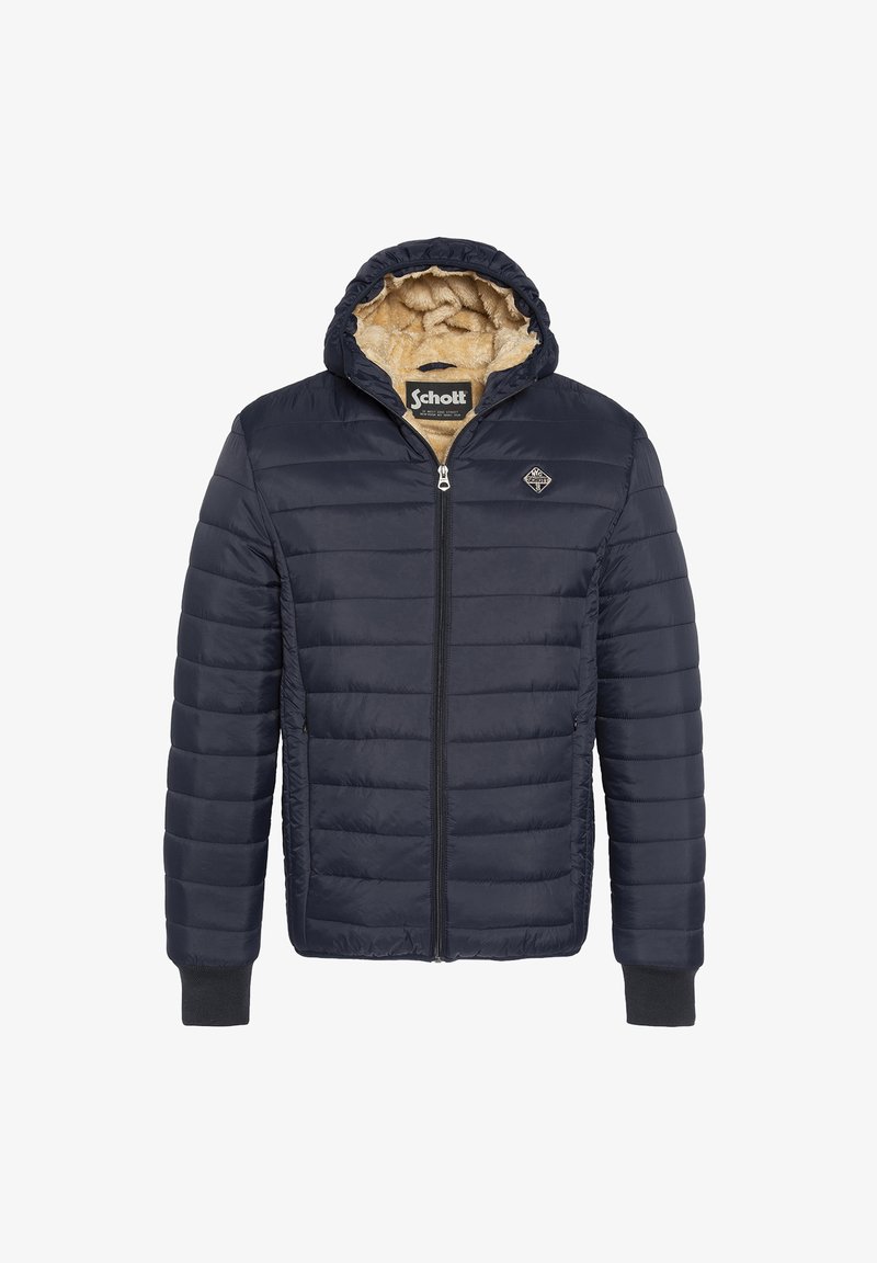 Chaqueta con capucha acolchada de color azul marino, con cierre frontal, forro de piel sintética beige, puños de canalé y logotipo de Schott en el pecho y el interior del cuello.