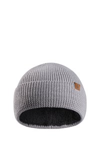 Gray knitted beanie hat with ribbed texture, featuring a soft black fleece lining and a small brown leather logo patch on the side.