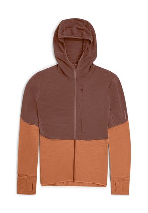 Hooded jacket with a zip front, featuring a two-tone design in dark brown and orange. Made of soft, textured fabric with thumbholes in sleeves.