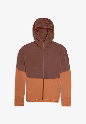 Hoodie mit Reißverschluss an der Vorderseite, ausgestattet mit einem zweifarbigen Design in Dunkelbraun und Orange. Hergestellt aus weichem, strukturiertem Stoff mit Daumenlöchern in den Ärmeln.